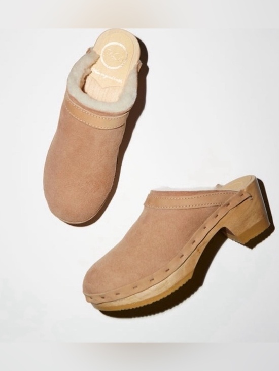 No. 6 Shoes - No. 6 Dakota Shearling Clogs Mid Heel Fawn Suede